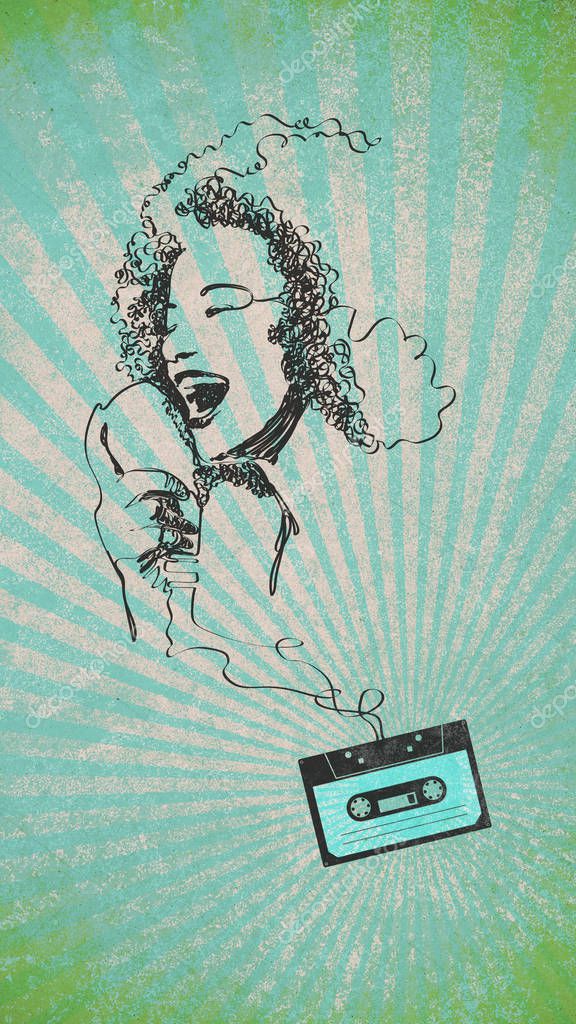 Vintage audio cassette and portrait of woman singing made with tape, music and art concept