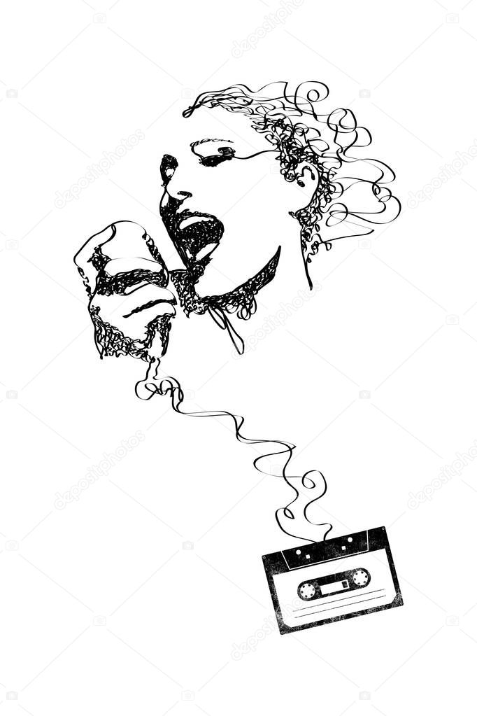 Vintage audio cassette and portrait of woman singing made with tape, music and art concept