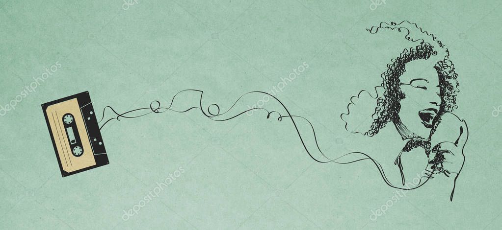 Vintage audio cassette and portrait of woman singing made with tape, music and art concept