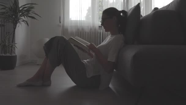 Γυναίκα χαλαρώνοντας στο σπίτι και διαβάζοντας ένα βιβλίο — Αρχείο Βίντεο