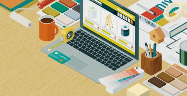 DIY ürünleri, araçlar ve masaüstü için çevrimiçi alışveriş kendiniz için ekipman, izometrik üç boyutlu illüstrasyon