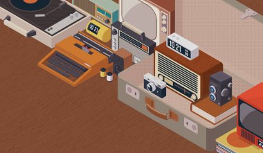 Üç boyutlu illüstrasyon. Ahşap zemin üzerinde eski vintage nesneler ve elektronik koleksiyon, retro canlandırma ve koleksiyon konsepti, izometrik çizim