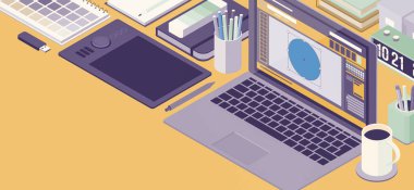 Üç boyutlu illüstrasyon. Profesyonel grafik tasarımcı çalışma alanı: bilgisayar ve iş araçlarıyla izometrik masaüstü, yaratıcılık ve iletişim konsepti