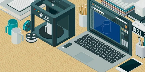 Иллюстрация Креативная Печать Прототипирование Производство Продукции Изометрический Рабочий Стол Ноутбуком — стоковое фото