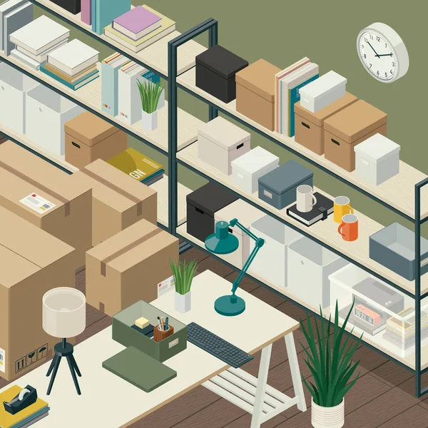 Office relocation and organization: office interior with desk, shelves and cardboard boxes, isometric 3D illustration