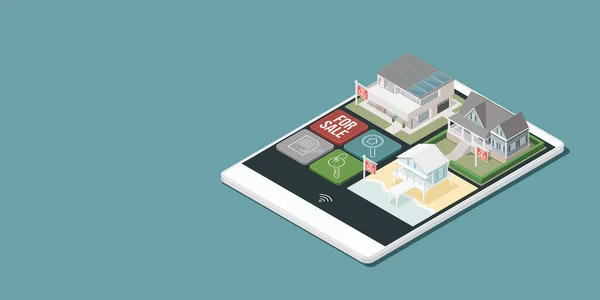 在智能手机触摸屏显示屏上有不同等距房屋的房地产和建筑应用程序 3D插图 — 图库照片