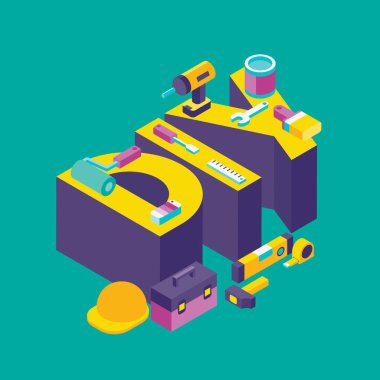 DIY izometrik üç boyutlu metni araçlar, kendiniz yapın konsept, üç boyutlu illüstrasyon