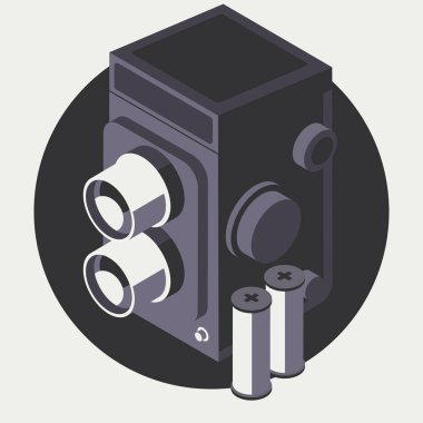 Yuvarlak filmli analog çift lens kamerası, klasik fotoğraf konsepti, 3 boyutlu illüstrasyon