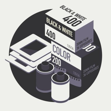 Klasik analog kamera ekipmanları: roll filmleri ve slayt filmleri, 3D illüstrasyon