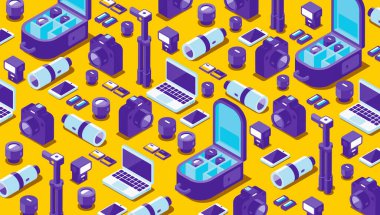 Dijital kameralar ve çalışma araçları ile fotoğraf ekipmanları arka planı, 3D illüstrasyon