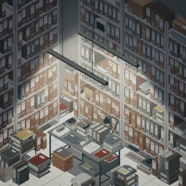 İş arşivi ve evrak dolu depo, izometrik raflar klasörler ve klasörlerle dolu, 3D illüstrasyon