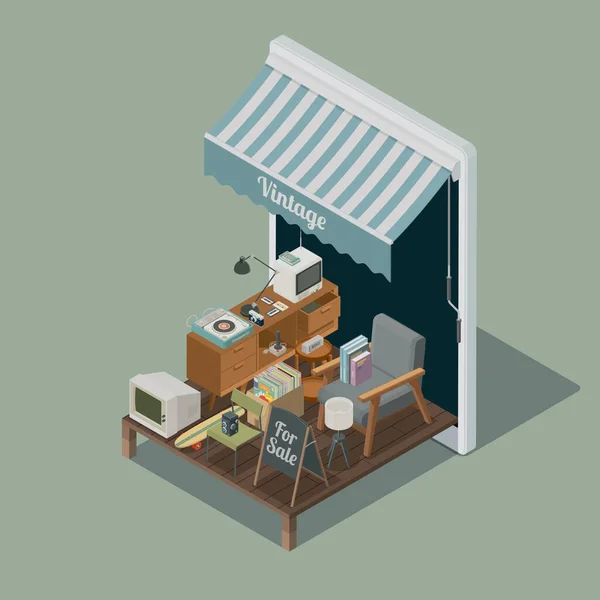 Online Vintage Shop App Smartphone Collection Vintage Item Isometric Illustration — 스톡 사진