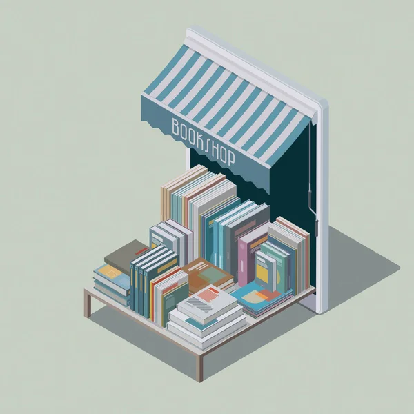 Online book shop app on a digital tablet and collection of books on sale, isometric 3D illustration