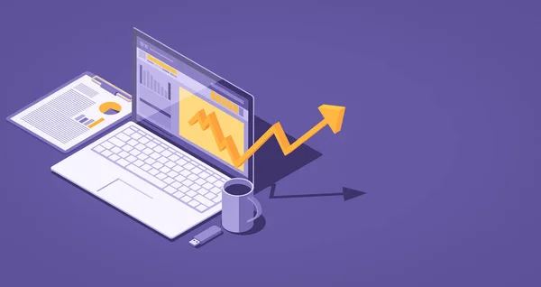 Successful financial chart with arrow going up on a laptop, isometric 3D illustration