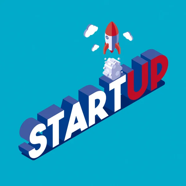 Start up and business innovation concept with rocket launch, isometric 3D illustration with copy space