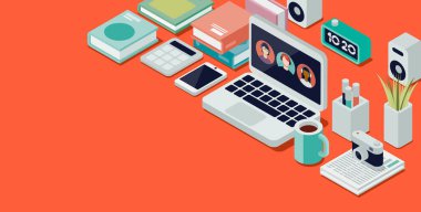 Çevrimiçi ve uzaktan öğrenmeyi laptopta, öğrenci masasında, izometrik 3D illüstrasyonda birleştiren öğrenciler