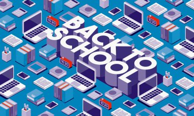 3D metin, dizüstü bilgisayarlar ve okul malzemeleri ile okula dönüş, 3D illüstrasyon