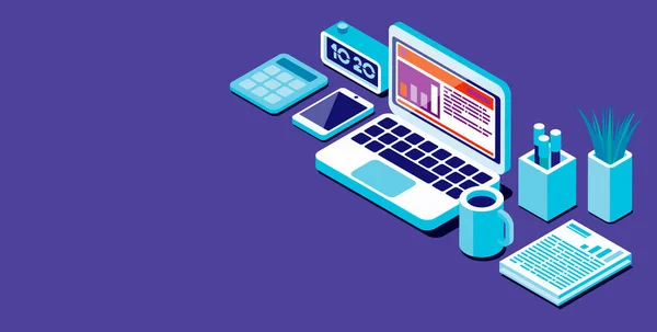 Isometric business desktop with laptop and stationery, 3D illustration