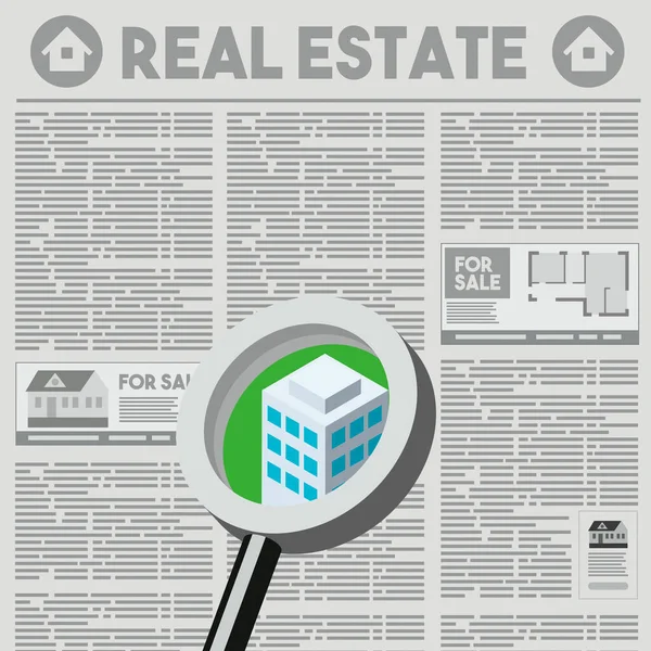 Real estate ad in the newspaper and big magnifier searching for houses for sale, 3D illustration