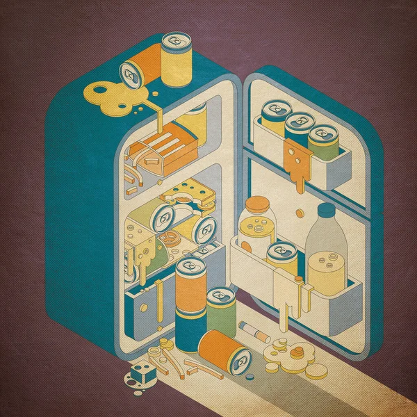 Брудний Старий Холодильник Наповнений Нездоровою Їжею Напоями Ілюстрація — стокове фото