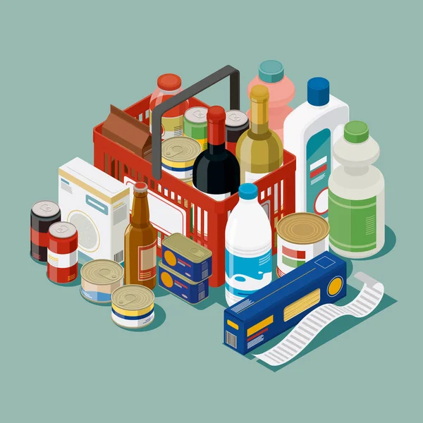 Voller Warenkorb Und Lebensmittel Isometrische Illustration — Stockfoto
