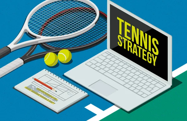 Estrategias Tácticas Tenis Laptop Raquetas Pelotas Ilustración — Foto de Stock