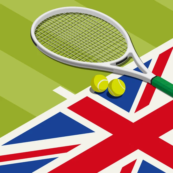 Tennis tournament: racket, balls and British flag, sports and competition concept 3D illustration
