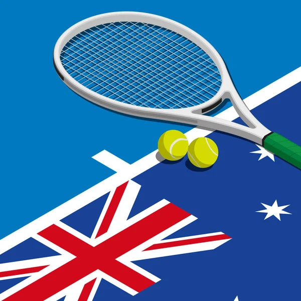 Tennis tournament: racket, balls and Australian flag, sports and competition concept 3D illustration