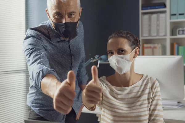 Professional Office Workers Wearing Protective Face Mask Giving Thumbs Workplace — Stock Photo, Image