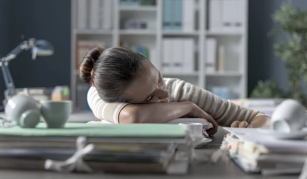 Exhausted Businesswoman Sleeping Her Desk She Tired Leaning Pile Paperwork — Stock Photo, Image