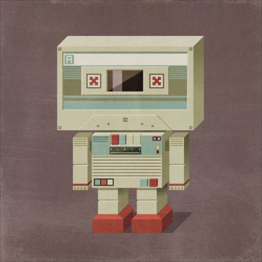 Şirin bir bilim kurgu robotu, kafası bir ses kaseti, vücudu bir teyp ve 3 boyutlu illüstrasyonu olan bir kayıt cihazı.