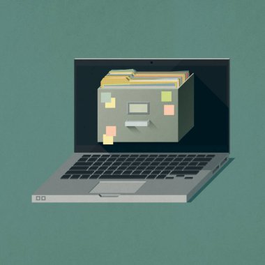 Dizüstü bilgisayarın ekranında, veritabanında ve bilgi depolama 3D illüstrasyon konseptinde dizinlerin açıldığı dolap çekmecesi