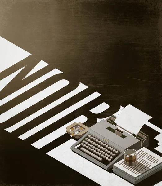 老式打字机 饮料和香烟成为公众关注的焦点 黑色和间谍故事概念 3D插图 — 图库照片