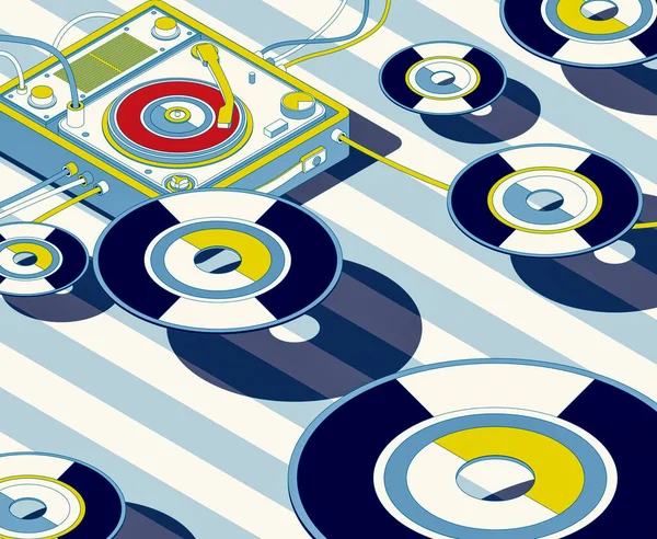 Giradiscos Vintage Discos Vinilo Voladores Música Concepto Entretenimiento Ilustración — Foto de Stock