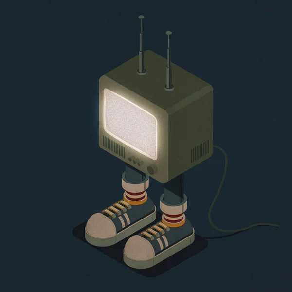 Funny vintage pop TV character with sneakers and antennas, 3D illustration