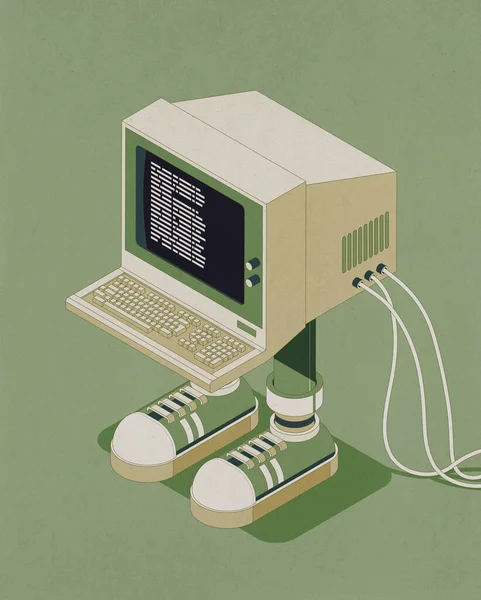 Funny vintage computer character with sneakers, isometric 3D illustration