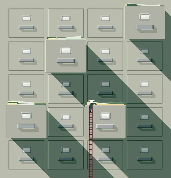 Man Zoek Naar Papierwerk Een Enorme Archiefkast Hij Klimt Open — Stockfoto