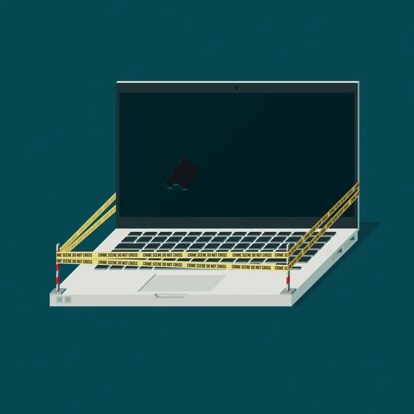 Кіберзлочинність Місце Злочину Ноутбуці Перетинають Жовту Стрічку Зламаний Екран Ілюстрація — стокове фото