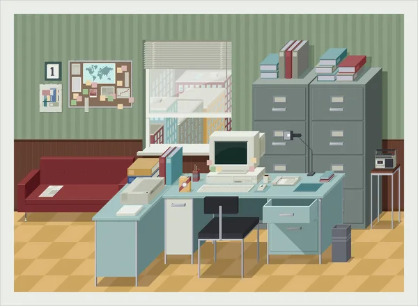 Vintage office with desk, computer, filing cabinets, sofa and pinboard, open window with urban panorama on the background 3D illustration