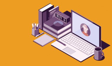 E-öğrenme ve çevrimiçi kurslar: bir dizüstü bilgisayar ve okul kitapları ile bağlantı kuran öğrenci, izometrik 3D illüstrasyon
