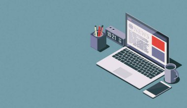 Ekranda dizüstü bilgisayarı ve finansal haber sitesi olan iş masaüstü, izometrik 3D illüstrasyon