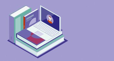 E-öğrenme ve çevrimiçi kurslar: bir dizüstü bilgisayar ve okul kitapları ile bağlantı kuran öğrenci, izometrik 3D illüstrasyon