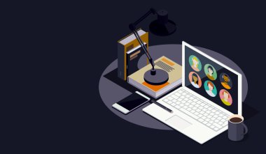 Çevrimiçi öğrenme ve yenilikçi eğitim: öğrenciler çevrimiçi, öğrenci masası dizüstü bilgisayarlı, izometrik 3D illüstrasyonlu