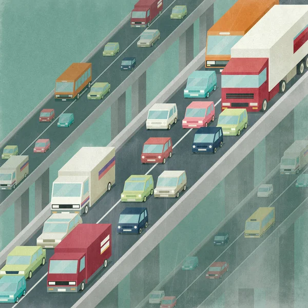 Trafikstockningar Motorvägen Mängder Bilar Och Lastbilar Infrastruktur Och Föroreningskoncept Illustration — Stockfoto