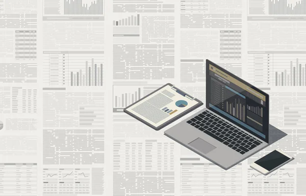 Área Trabalho Negócios Isométrica Com Laptop Gráficos Financeiros Ilustração Isométrica — Fotografia de Stock