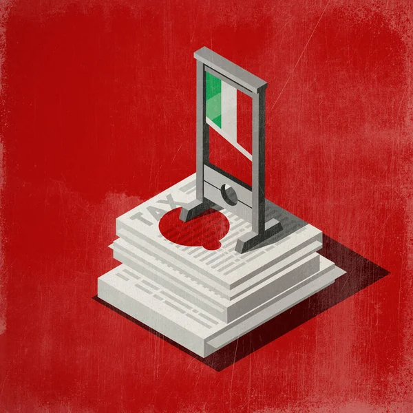 带有意大利国旗的断头台和一堆税单上的血迹 金融危机和税收概念 3D插图 — 图库照片