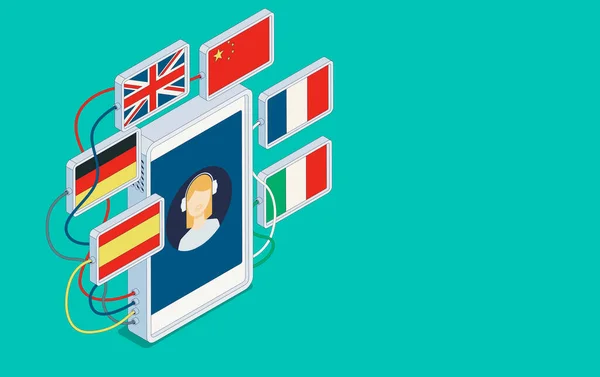 Language learning online courses and translation app, isometric 3D illustration