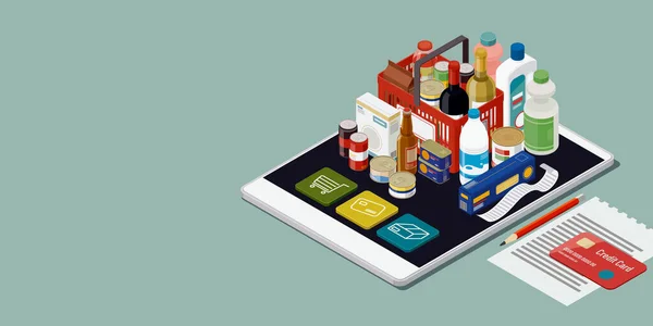 Online Boodschappen Doen Volledige Boodschappenmand Eten Drinken Een Digitale Smartphone — Stockfoto