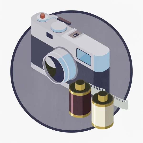 Vintage analog camera with roll films, 3D illustration