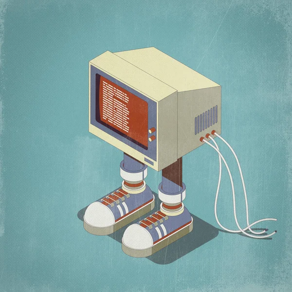 Grappig Vintage Computer Karakter Met Sneakers Isometrische Illustratie — Stockfoto